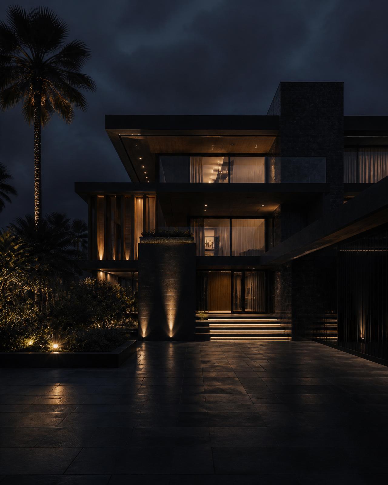 Modern luxury Southern California mansion exterior at twilight